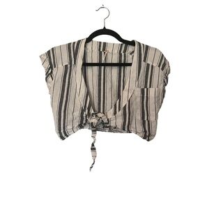 Free People Women's White and Blue Striped Short Sleeve Crop Top Size 2